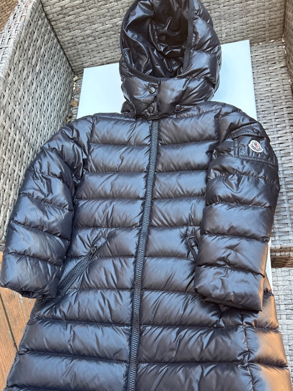 Authentic Moncler girls long down puffer coat in classic glossy black size 6